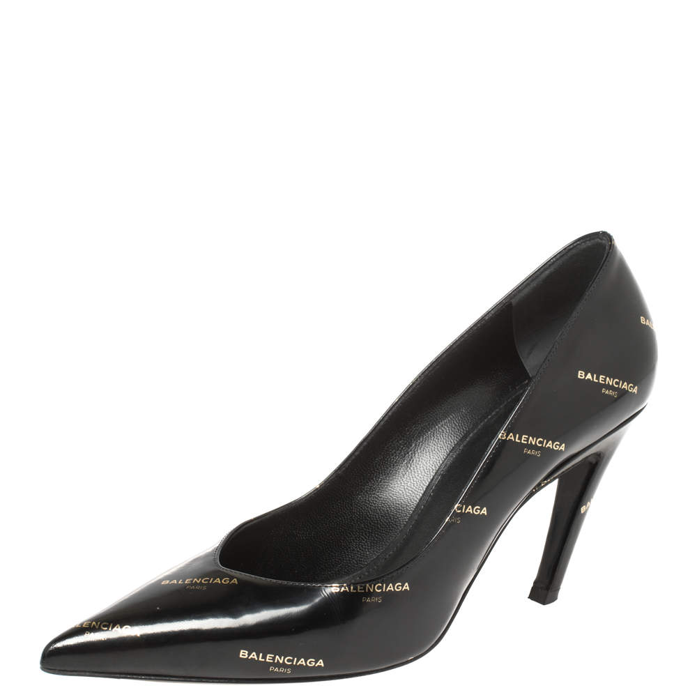 Pre Owned Balenciaga Black/Gold Logo Printed Leather Talon Slash Heel Pointed Toe Pumps Size 38