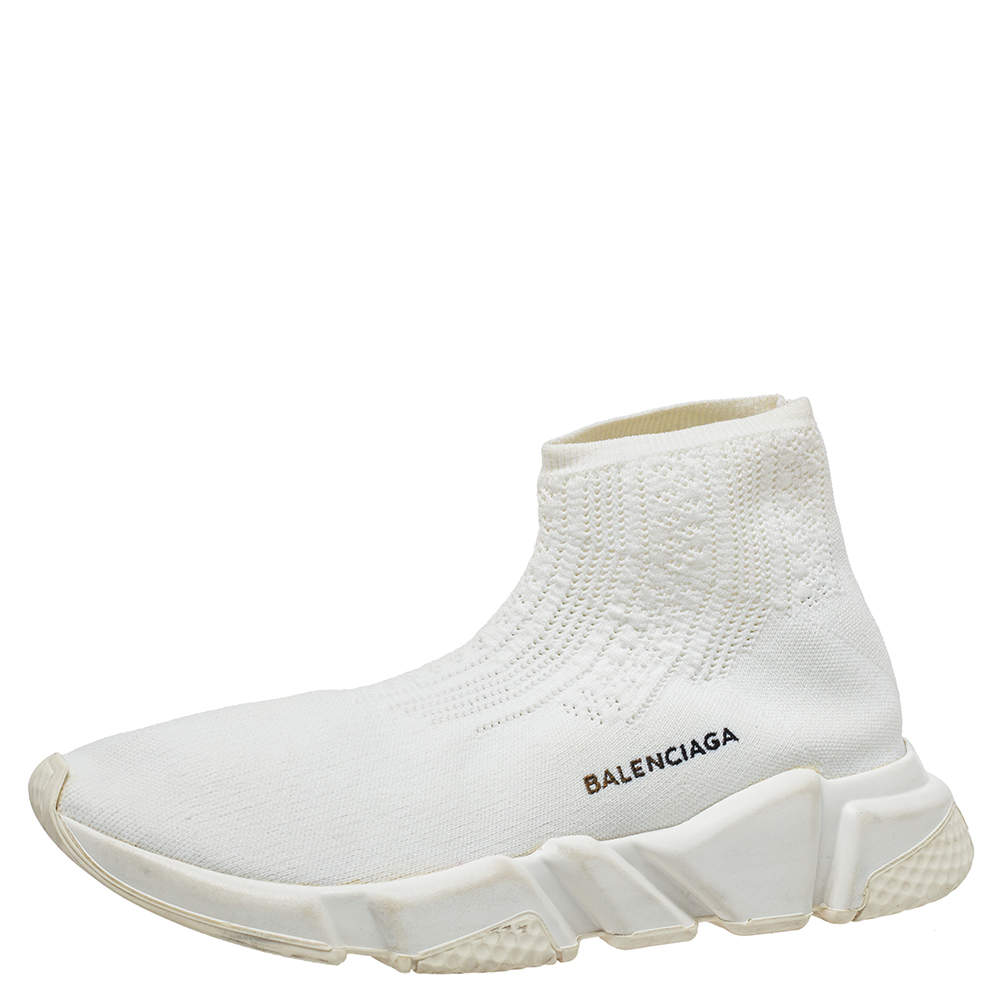 Balenciaga White Knit Fabric Speed Trainer Slip On Sneakers Size 40