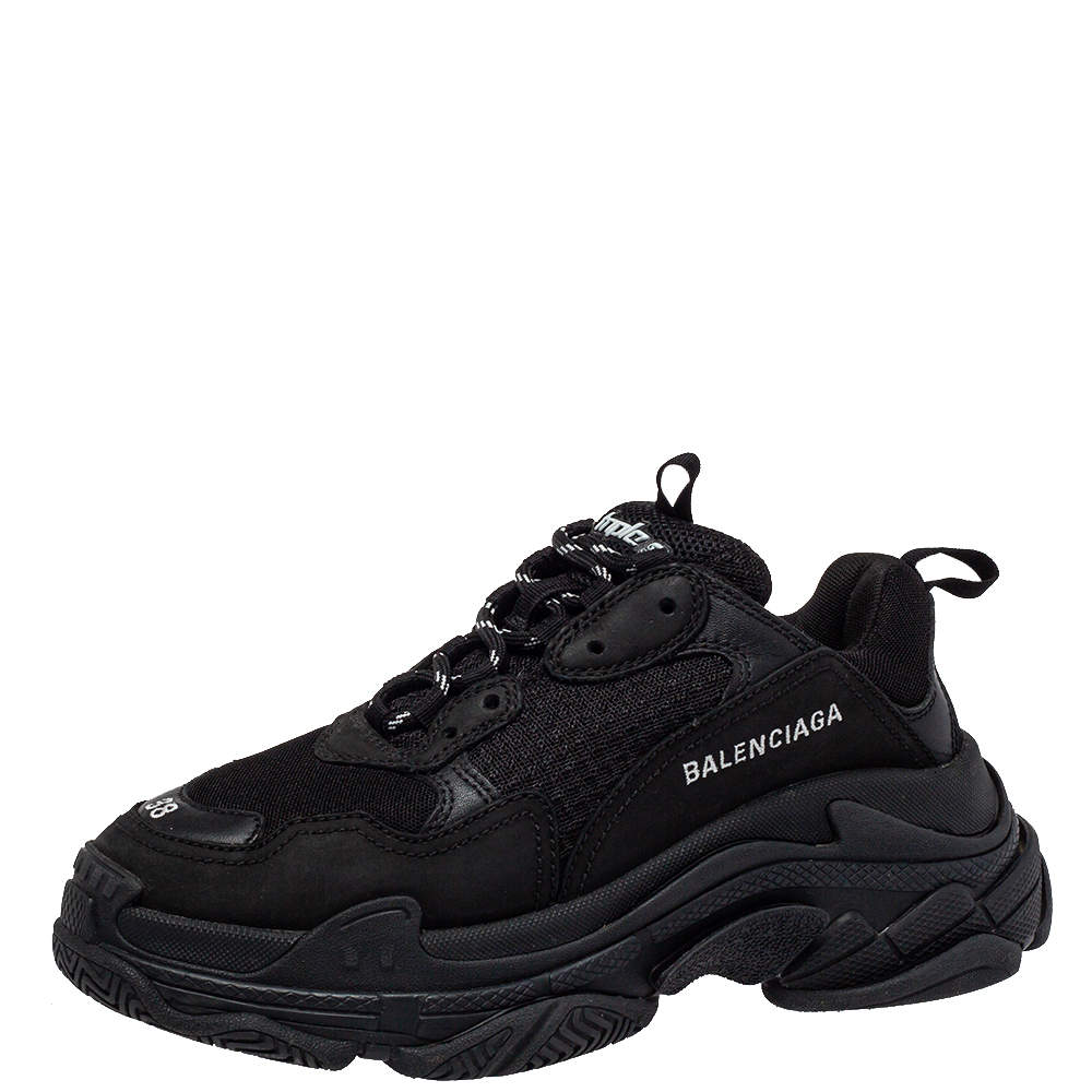 Balenciaga Black Leather And Mesh Triple S Low Top Sneakers Size 38