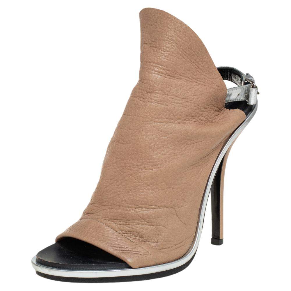 Balenciaga Beige/Silver Leather Glove Peep Open Sandals Size 37 Balenciaga