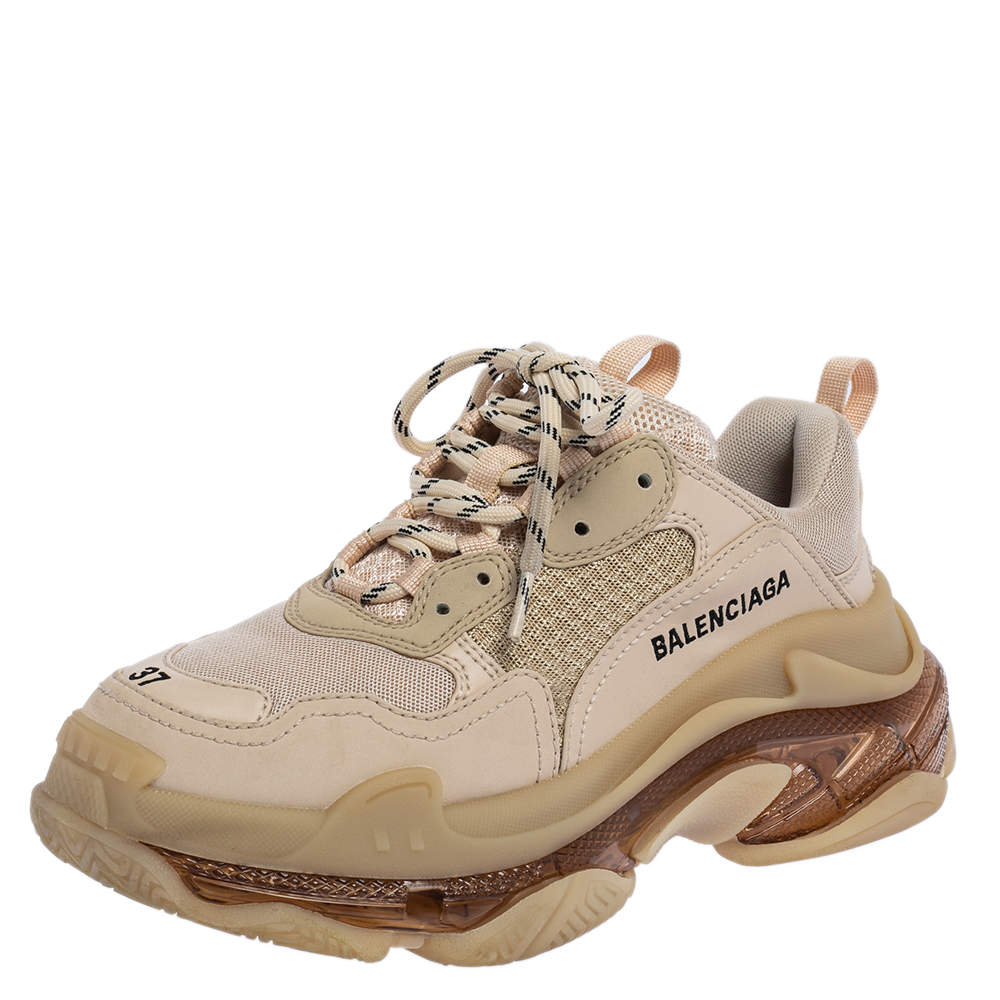 Balenciaga Beige Leather and Mesh Triple S Clear Sneakers Size 37