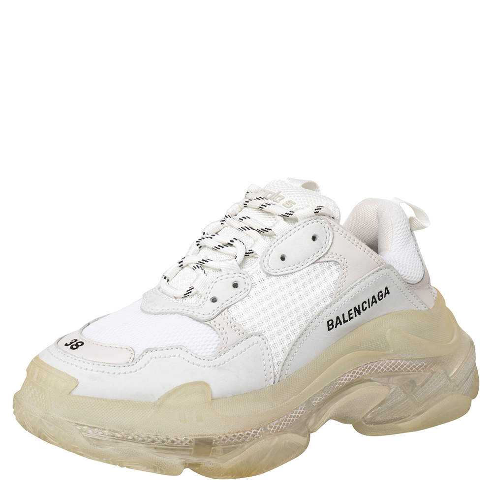 Balenciaga White Mesh And Leather Triple S Clear Sole Low Top Sneakers Size 38