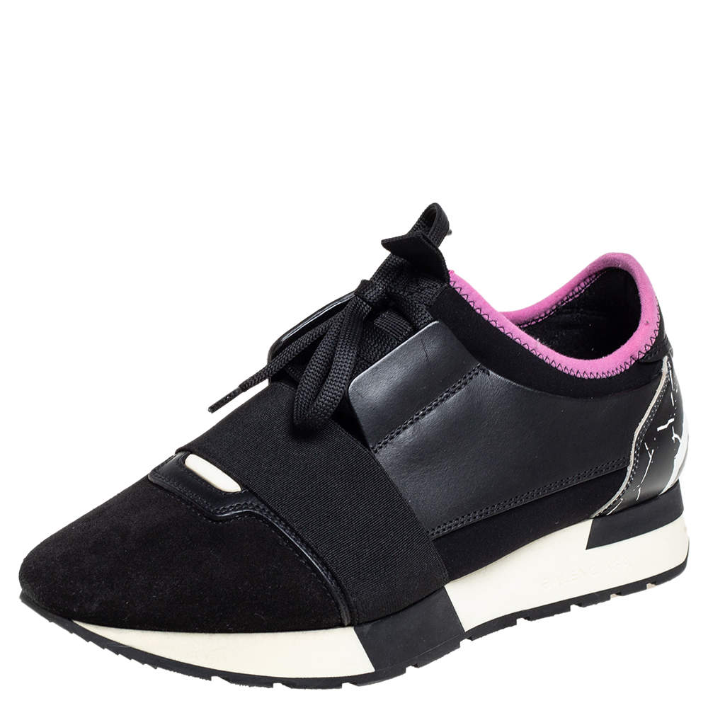 Balenciaga Black/Pink Leather and Suede Race Runner Sneakers Size 38