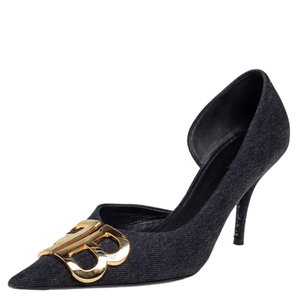 Pre Owned Balenciaga Black Canvas BB D'orsay Pointed Toe Pumps Size 37