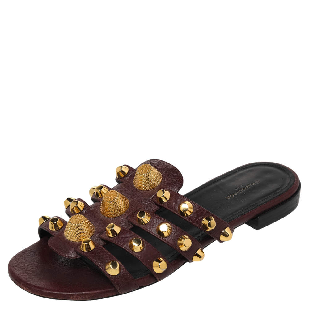 Pre Owned Balenciaga Burgundy Leather Arena Studded Strappy Slide Flats Size 36