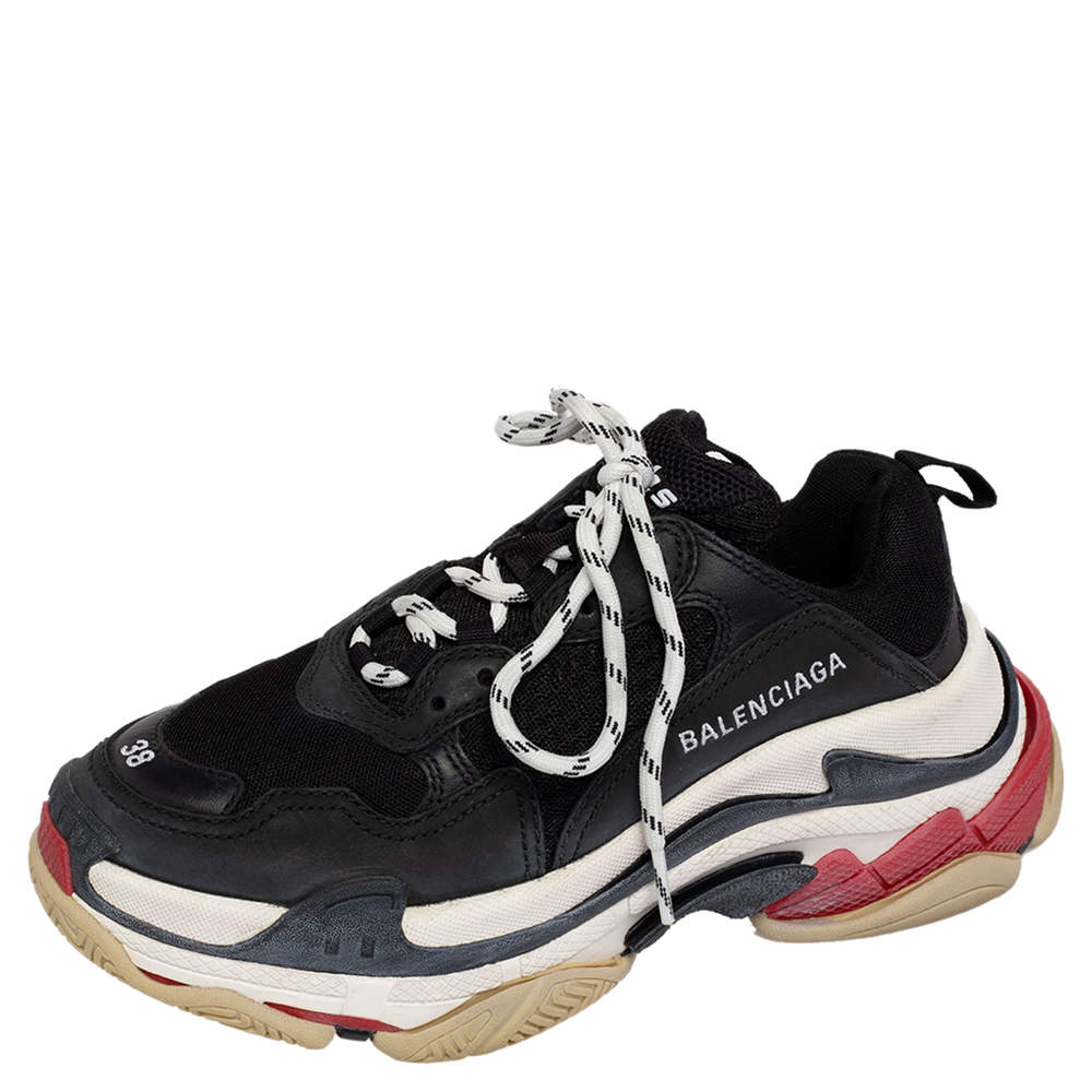 Pre Owned Balenciaga Black Mesh And Leather Triple S Low Top Sneakers Size 38