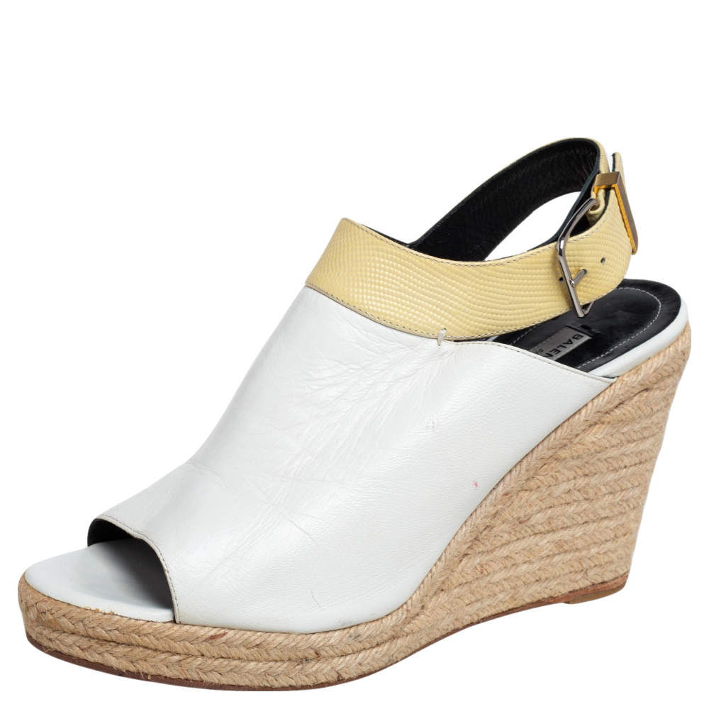 Balenciaga White/Yellow Leather Glove Espadrilles Wedge Sandals Size 41