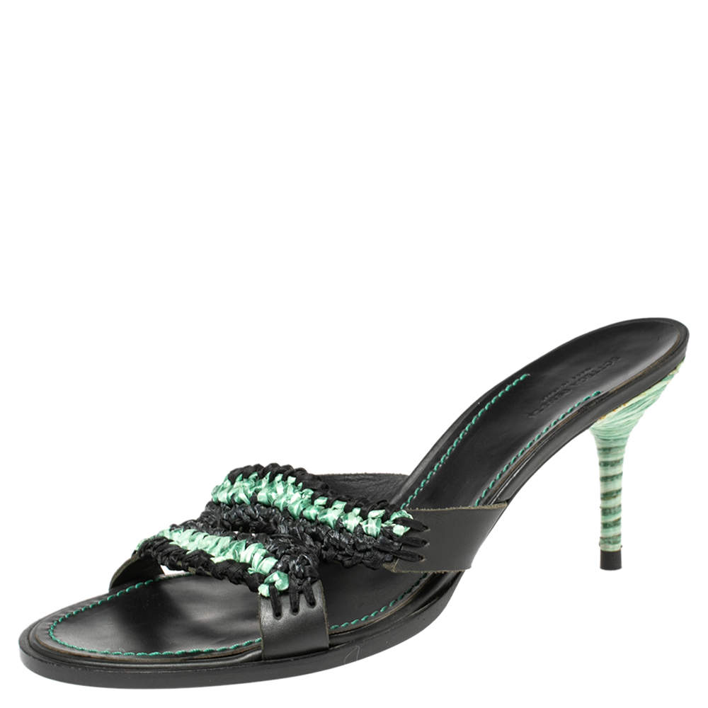 Bottega Veneta Green/Black Raffia And Leather  Open Toe Slide Sandals Size 41
