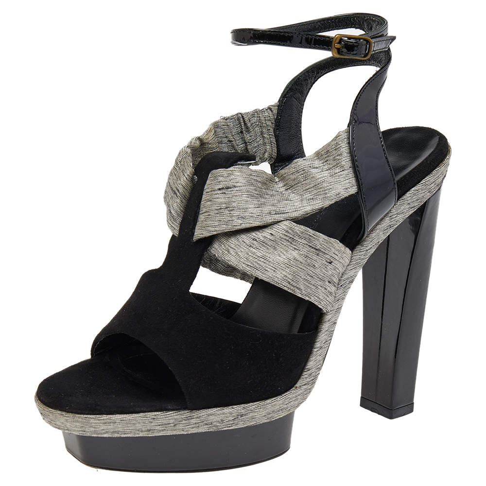 Pre Owned صندل بالنسياغا قماش وسويدي أسود/رصاصي مقدمة مفتوحة حزام للكاحل مقاس 36 