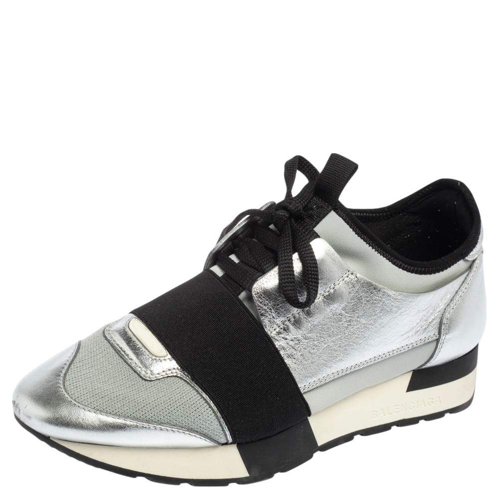 مملوكة مسبقًا Balenciaga Silver/Grey Leather And Fabric Race Runner  Sneakers Size 36