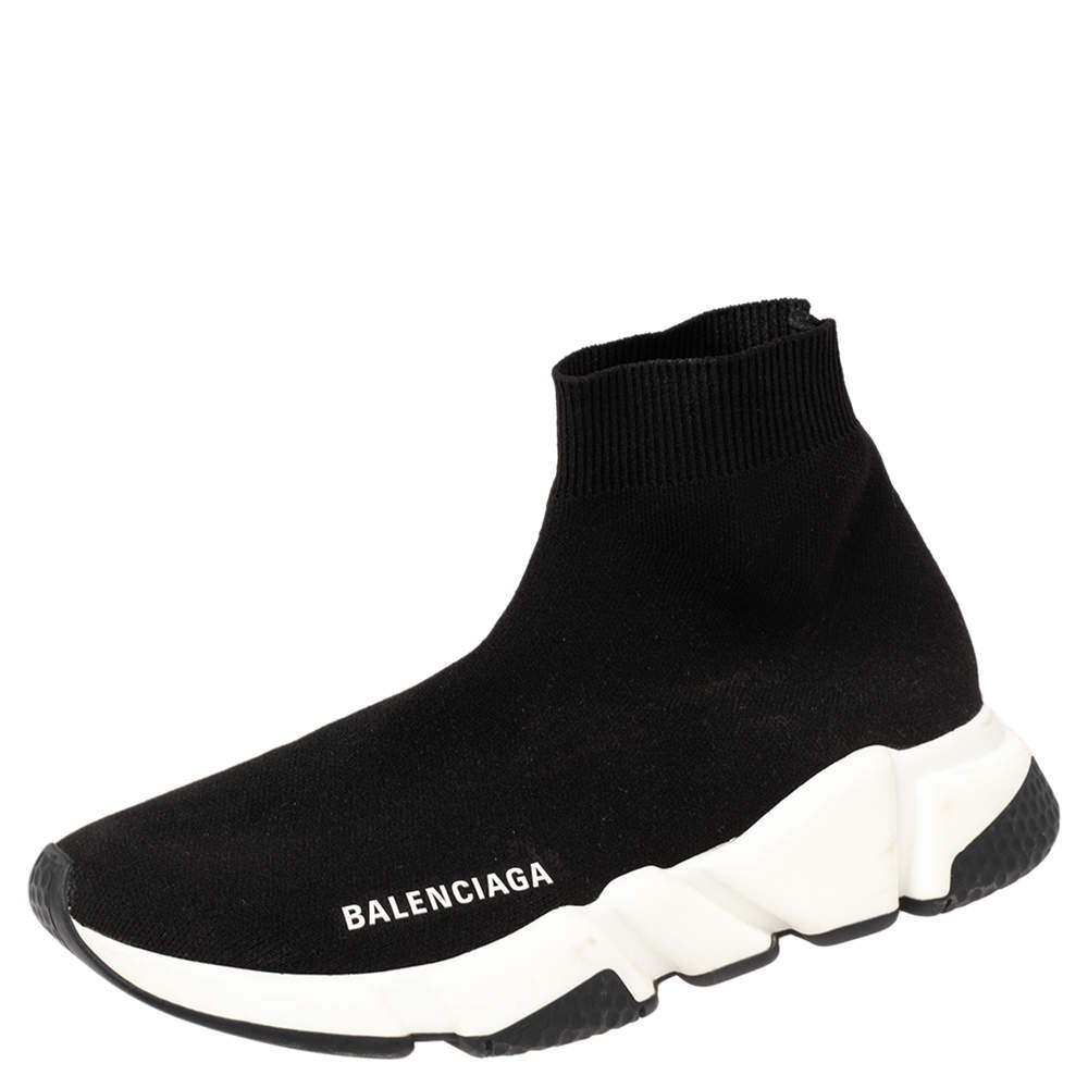 Balenciaga Black  Knit Fabric Speed Trainer High Top Sneakers Size 37