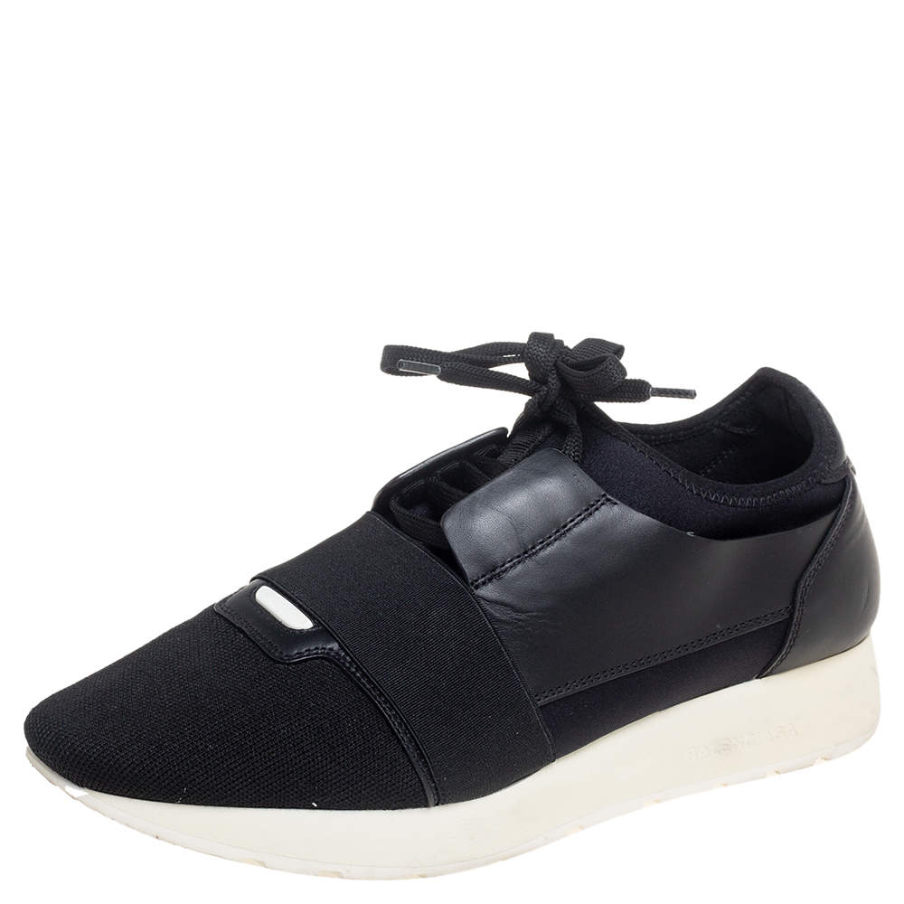 Pre Owned Balenciaga Black Leather And Mesh Race Runner Sneakers Size 40