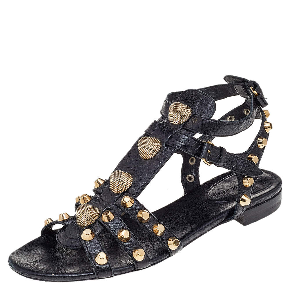 Balenciaga Black Leather Studded Ankle Strap Flat Sandals
