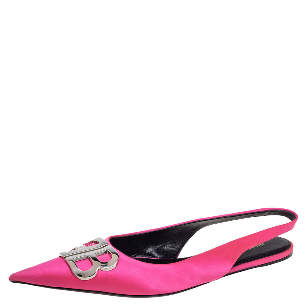مملوكة مسبقًا Balenciaga Pink Satin BB Logo Embellished Slingback Pointed Toe Flats Size 41