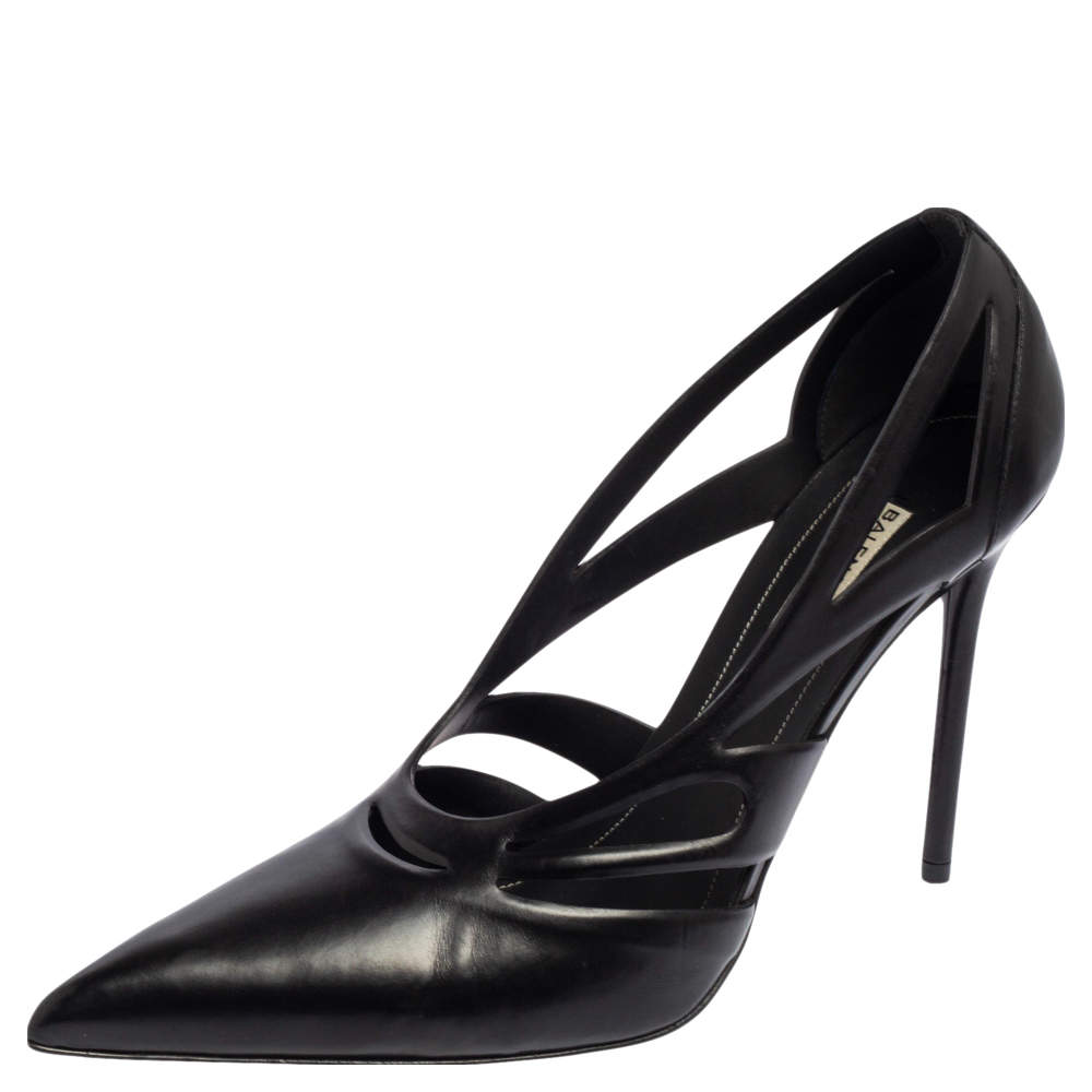 Pre Owned Balenciaga Black Leather Spider Laser Cut Pointed Toe Pumps Size 39.5