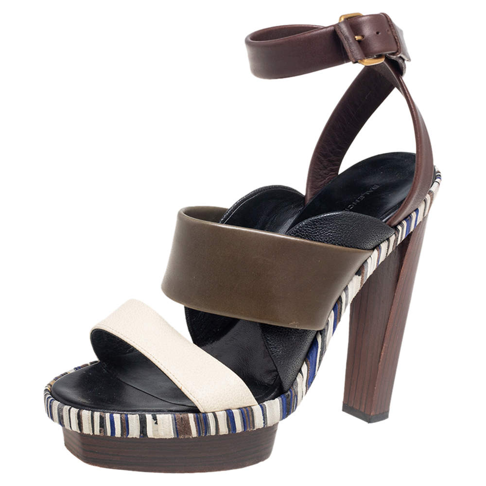 Pre Owned Balenciaga Multicolor Leather Ankle Wrap Platform Sandals Size 39