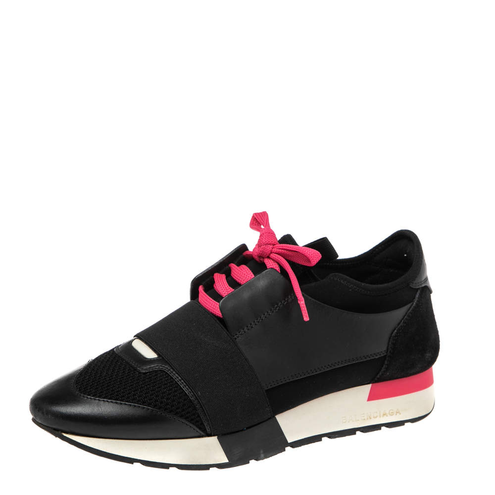 Pre Owned Balenciaga Black Mesh, Leather, And Suede Race Runner Low Top Sneakers Size 38