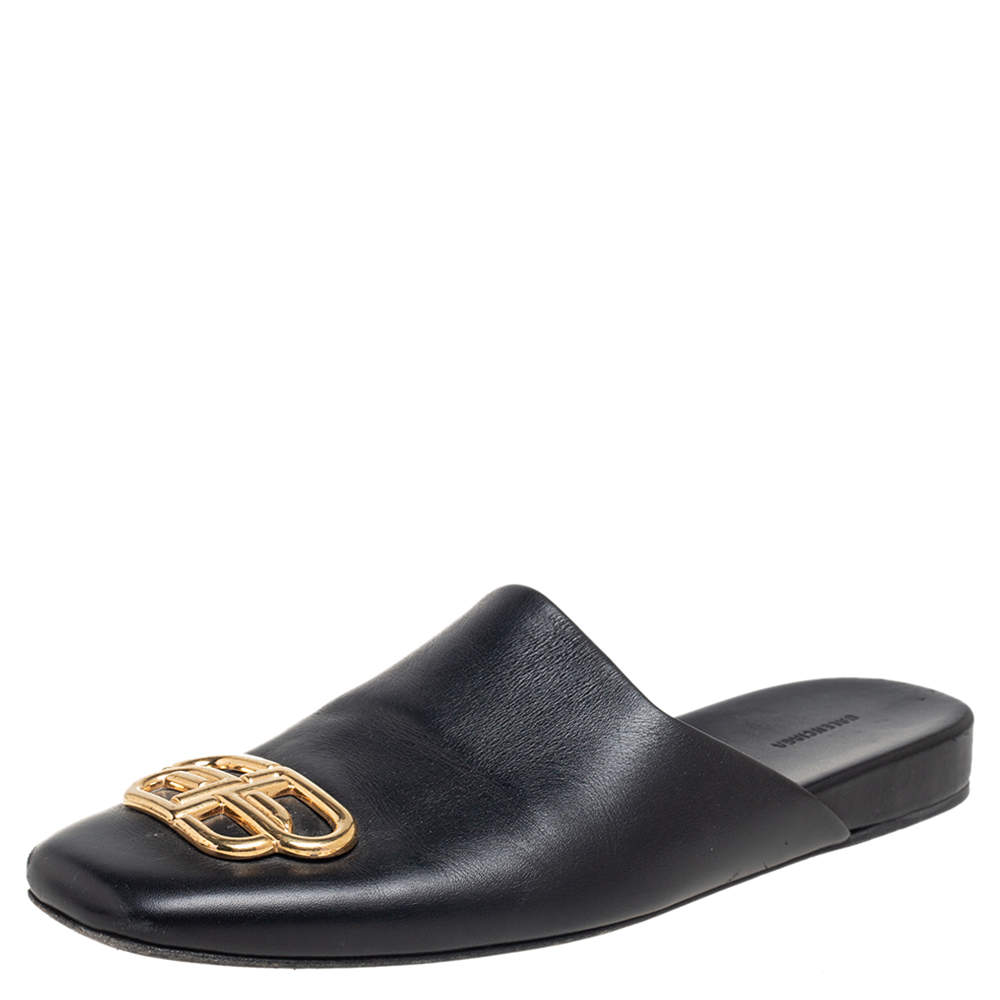Pre Owned Balenciaga Black Leather Cosy BB Flat Mules Size 38