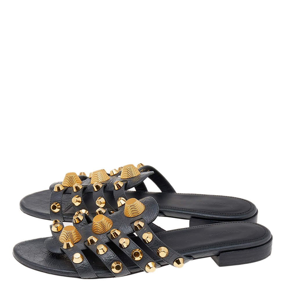 Pre Owned Balenciaga Grey Leather Arena Studded Strappy Flats Size 38