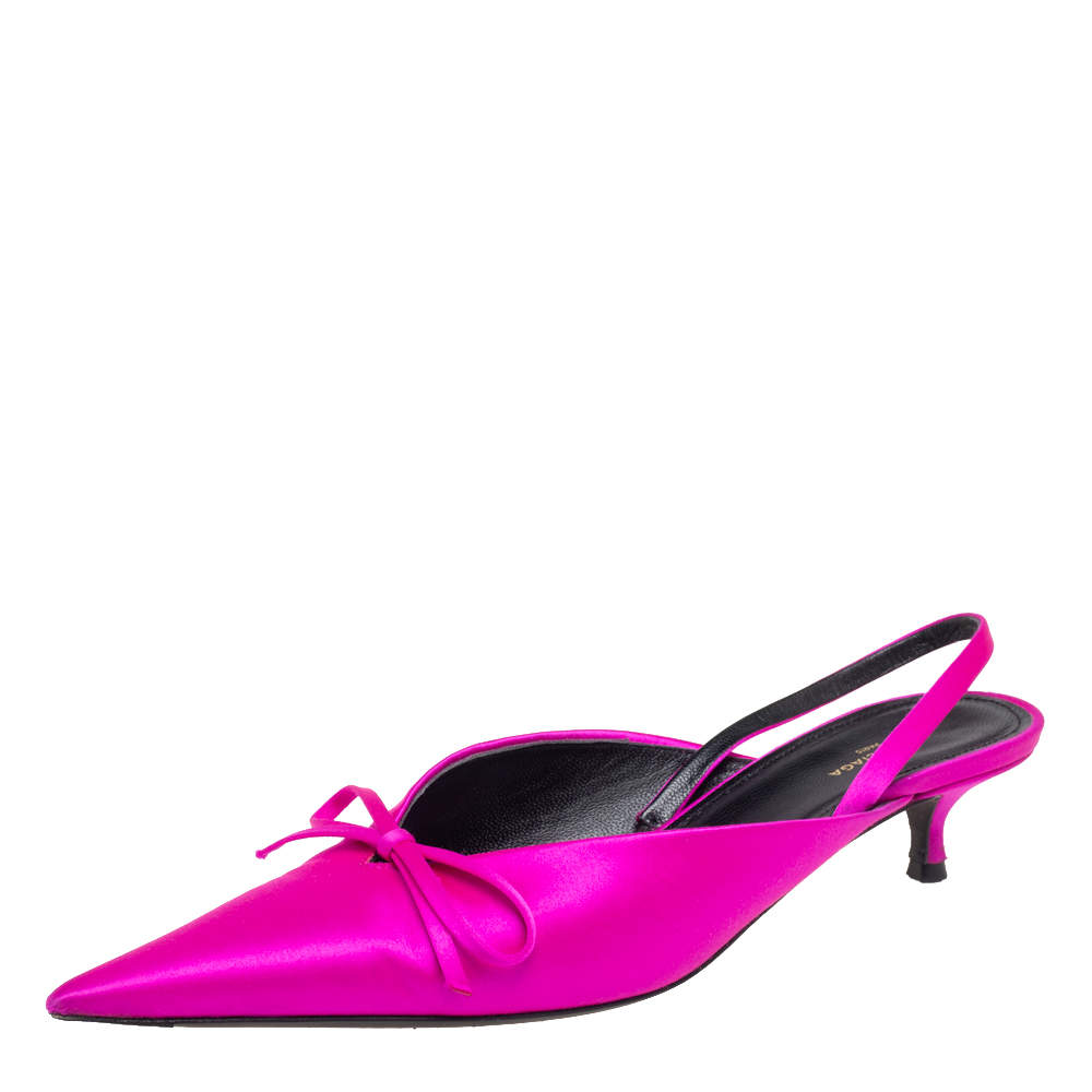 Pre Owned Balenciaga Pink Satin Logo Knife Mules Sandals  Size 37