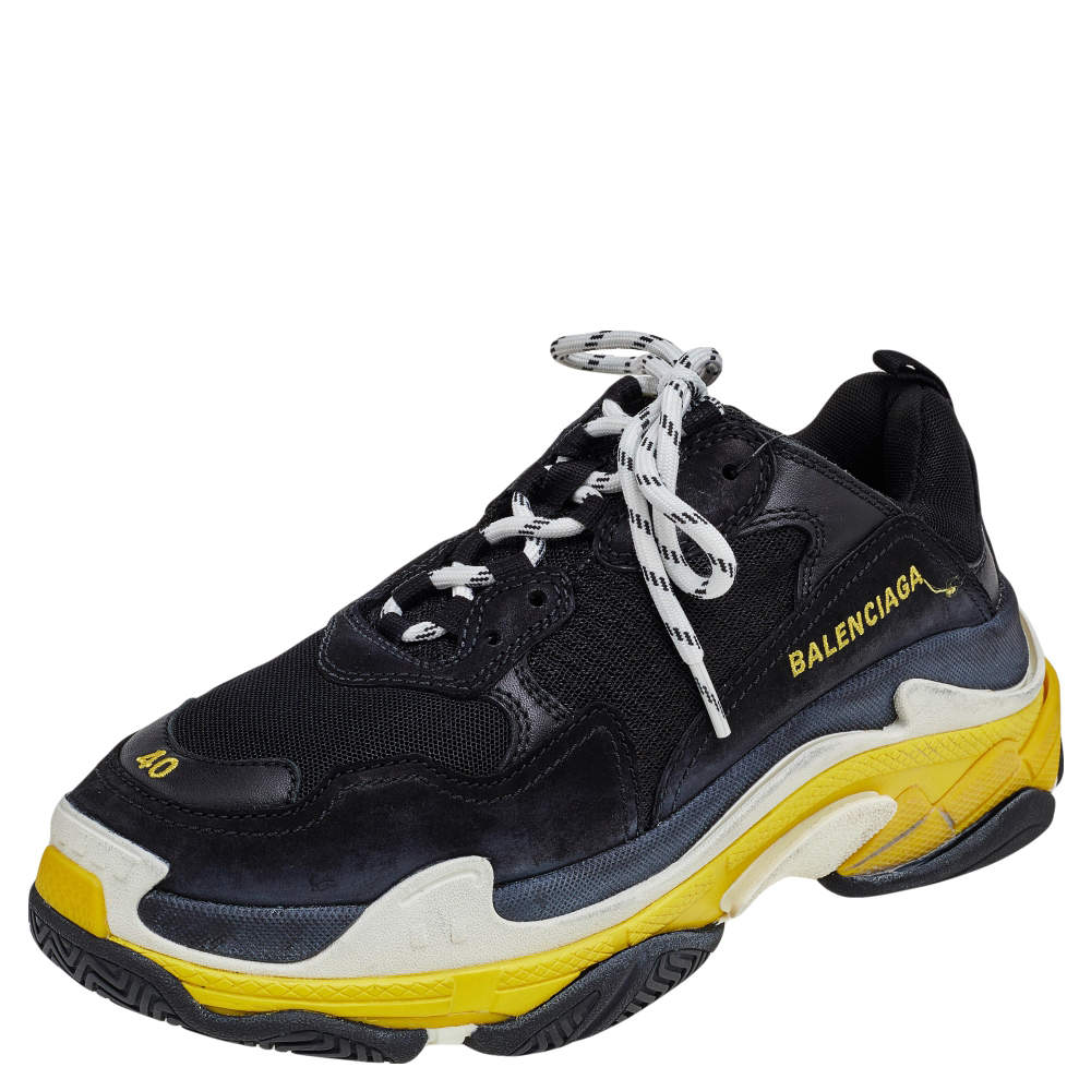 Pre Owned Balenciaga Black Leather And Mesh Triple S Low Top Sneakers Size 40