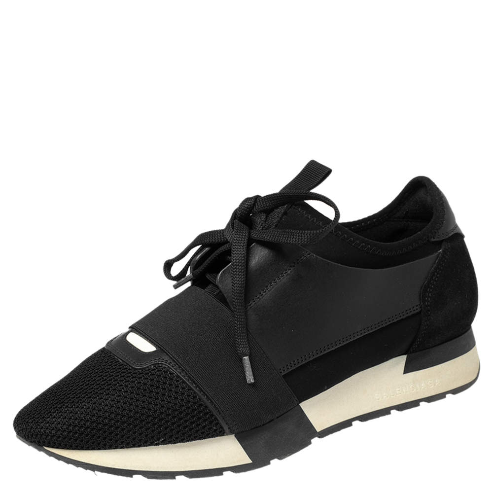 مملوكة مسبقًا Balenciaga Black Mesh And Suede Race Runner Low-Top Sneakers Size 39