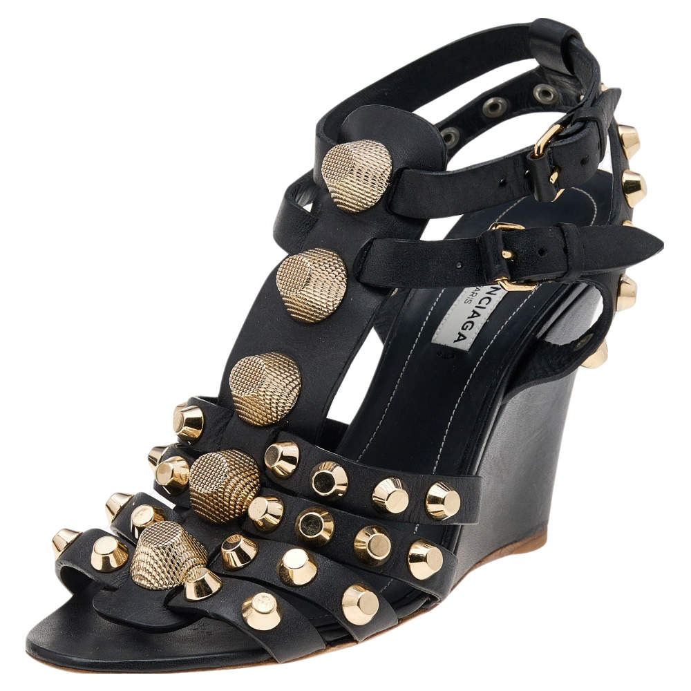 Pre Owned Balenciaga Black Leather Arena Wedge Sandals Size 37