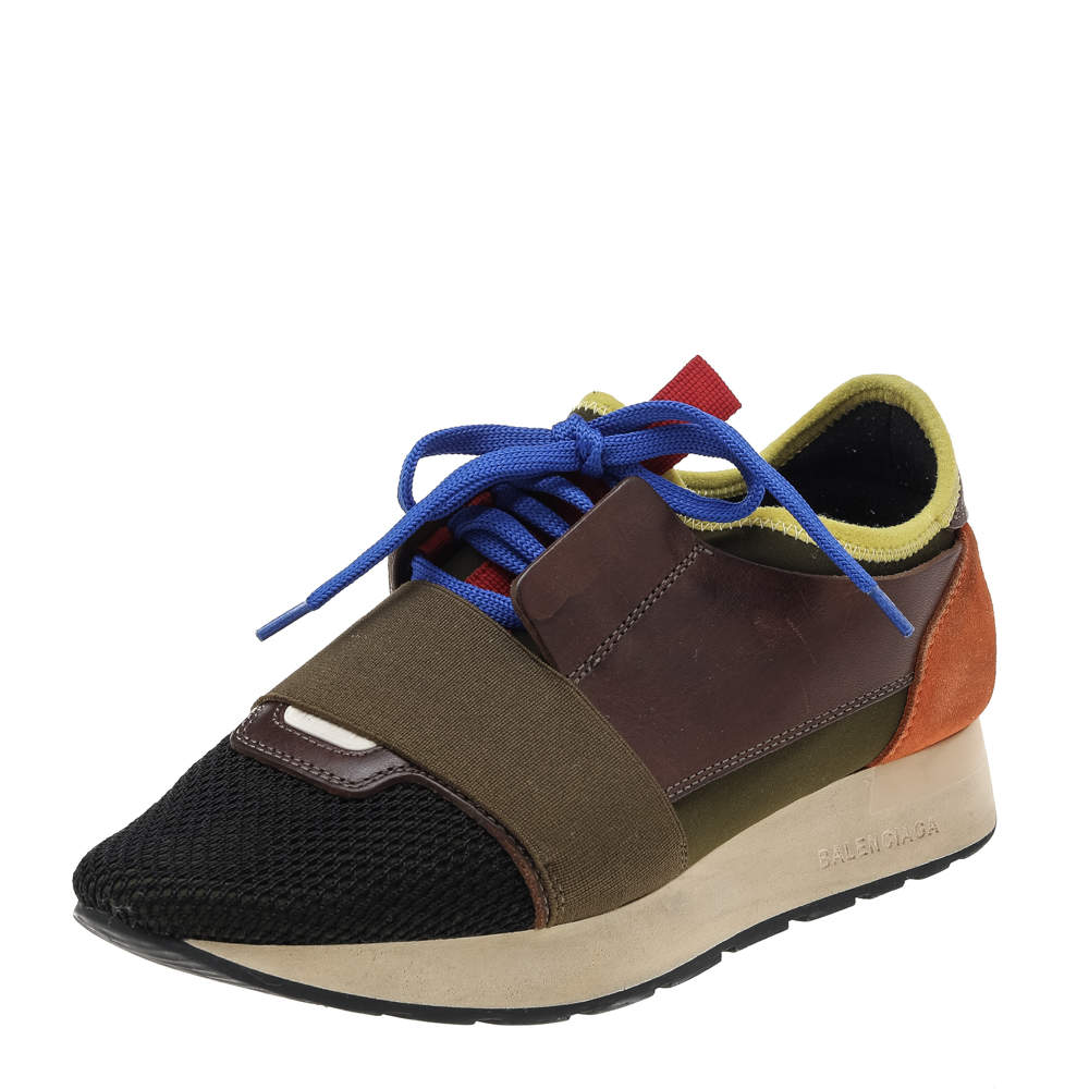 Pre Owned حذاء رياضي بالنسياغا رايس رونر جلد وشبك متعدد الألوان منخفض من أعلى مقاس 36