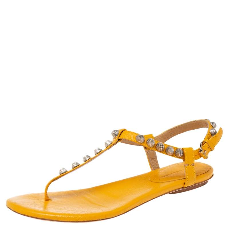 Balenciaga Yellow Leather Studded Arena Thong Flats Size 37