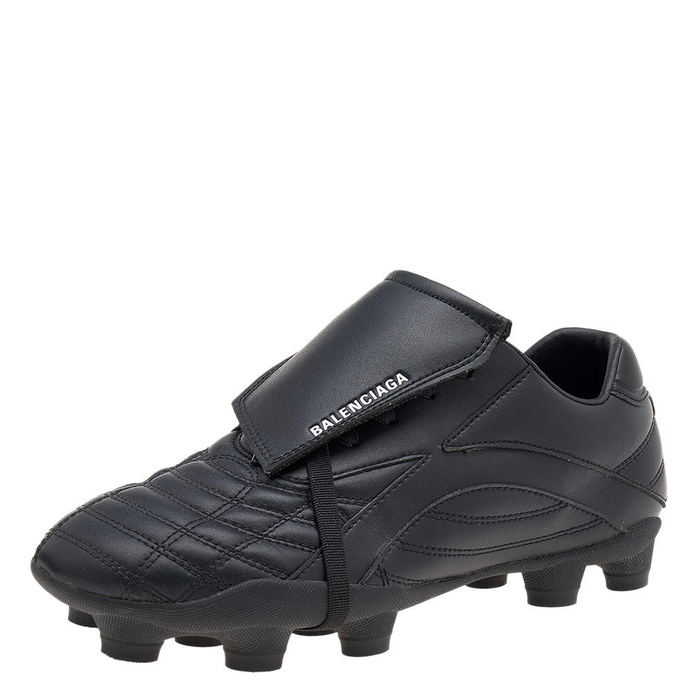 Pre Owned Balenciaga Black Leather Logo Print Soccer Sneakers Size 37