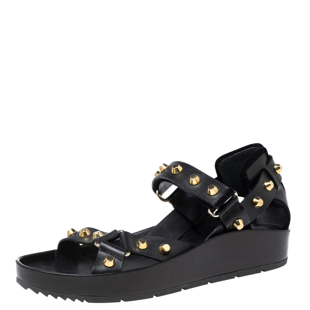 Pre Owned صندل بالنسياغا جلد أسود مرصع بحزام للكاحل مقاس 41