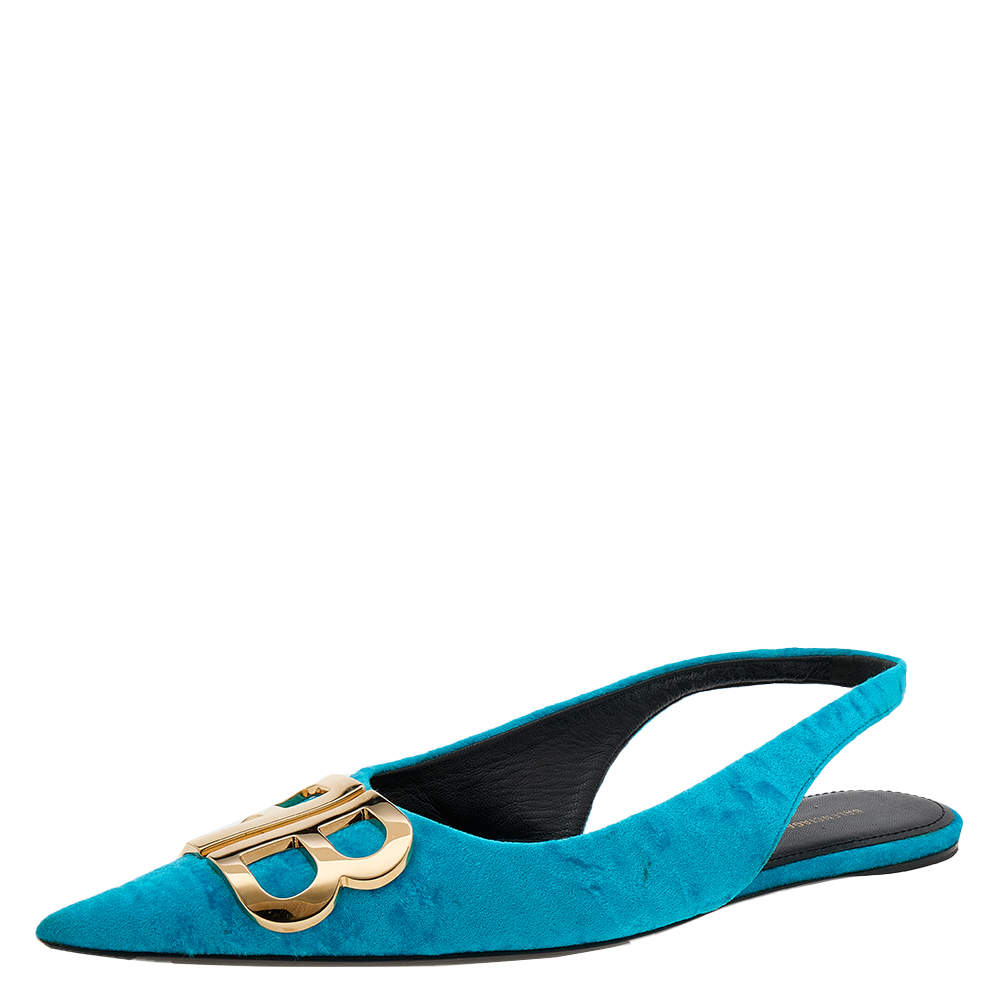 Pre Owned Balenciaga Blue Velvet BB Pointed Slingback Sandals Size 36