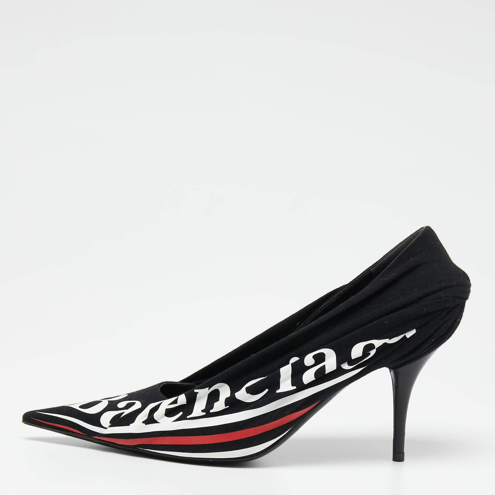 Pre Owned حذاء كعب عالي بالنسياغا قماش أسود مقدمة مدببة شعار سكين مقاس39.5 