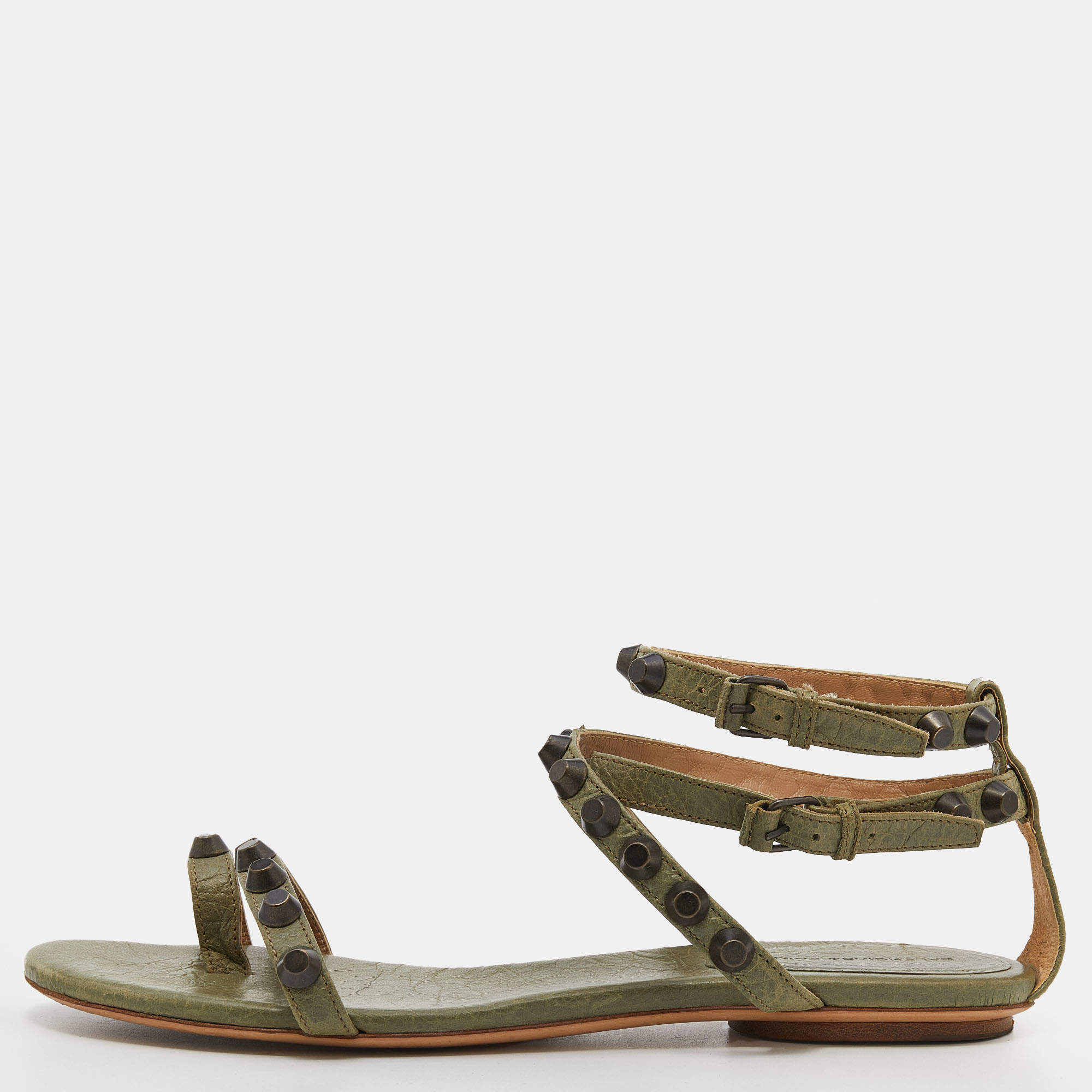 Pre Owned  Balenciaga Green Leather Studded Flat Strappy Sandals Size 39.5