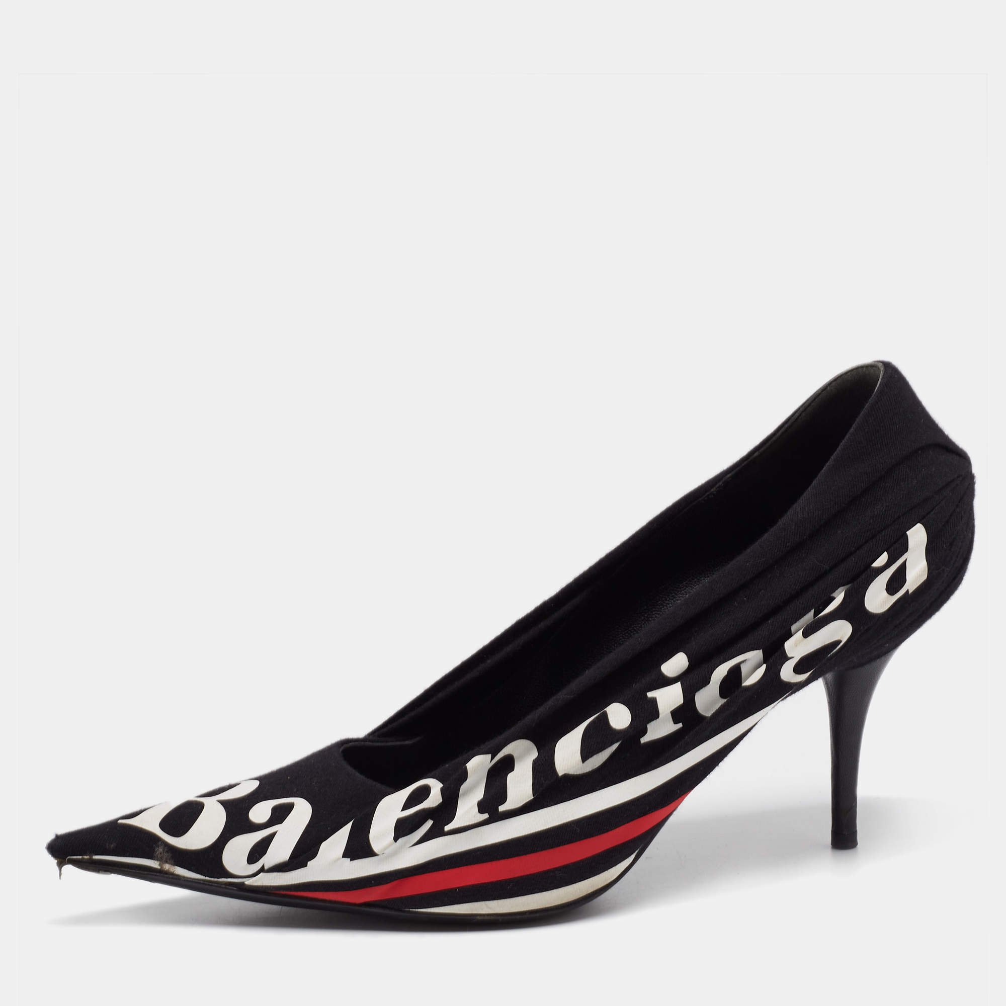 Pre Owned Balenciaga Black Logo Fabric and Leather Knife Pumps Size 38