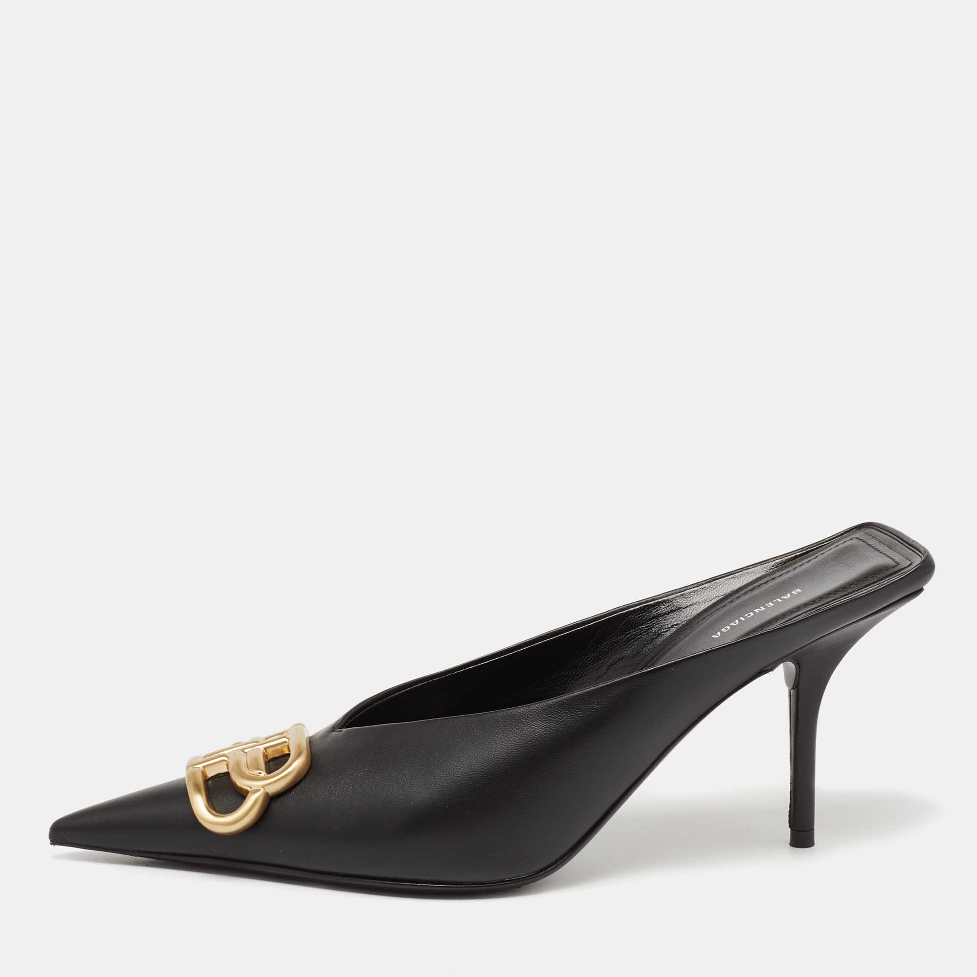 Pre Owned Balenciaga Black Leather BB  Pointed Toe Mules Size 37