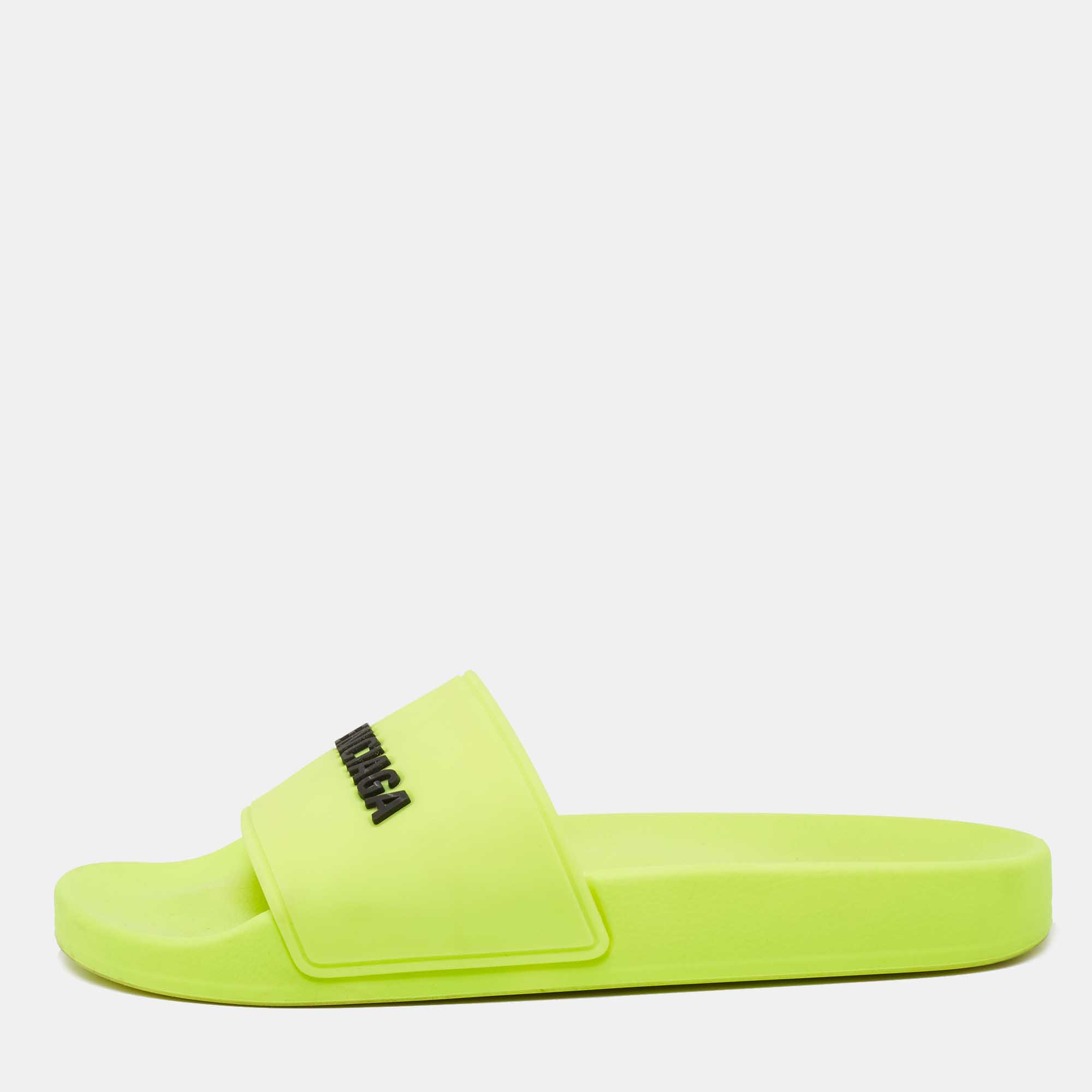 Balenciaga Neon Green Rubber Embossed Logo Slides Size 38