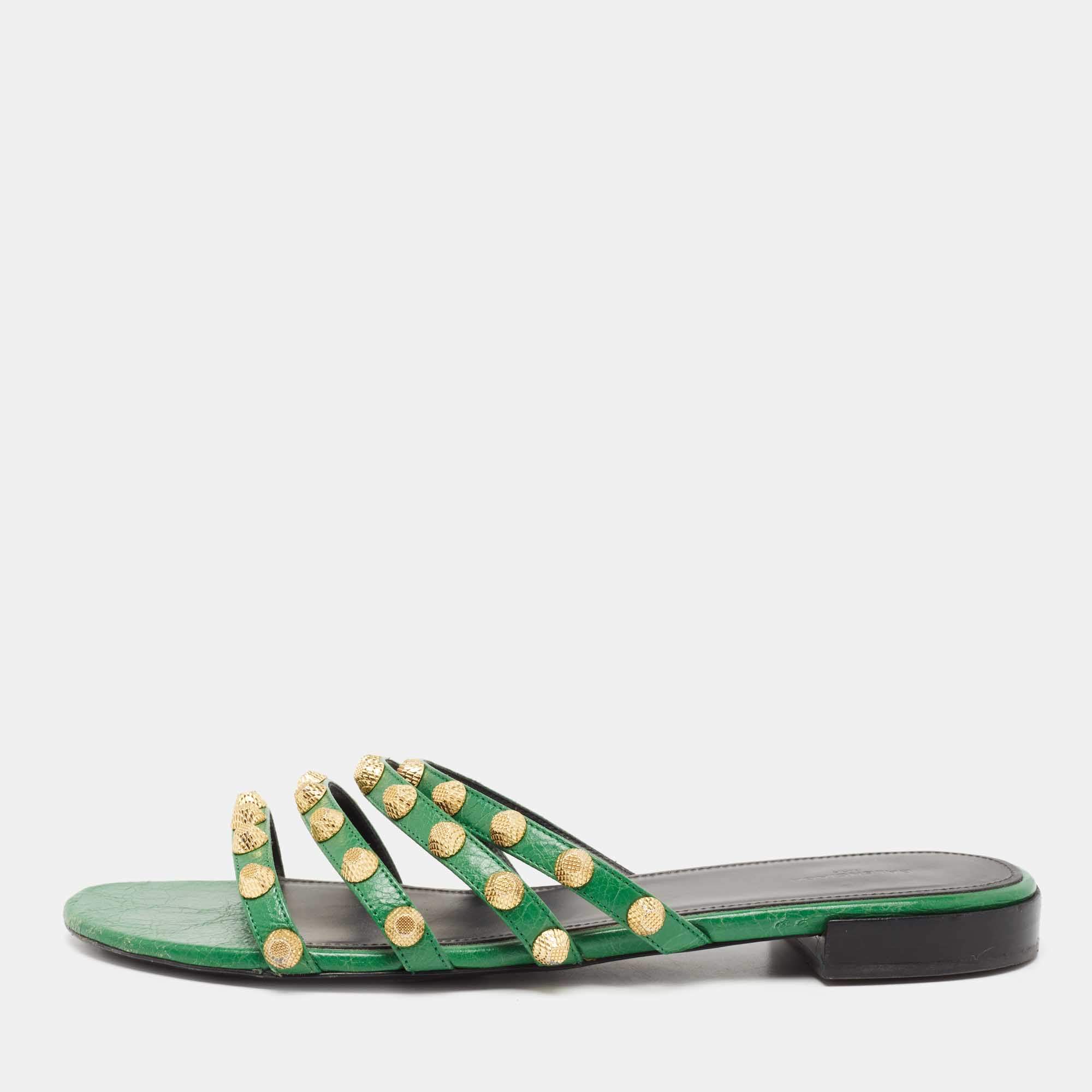 Pre Owned Balenciaga Green Studded Leather Flat Slides Size 41