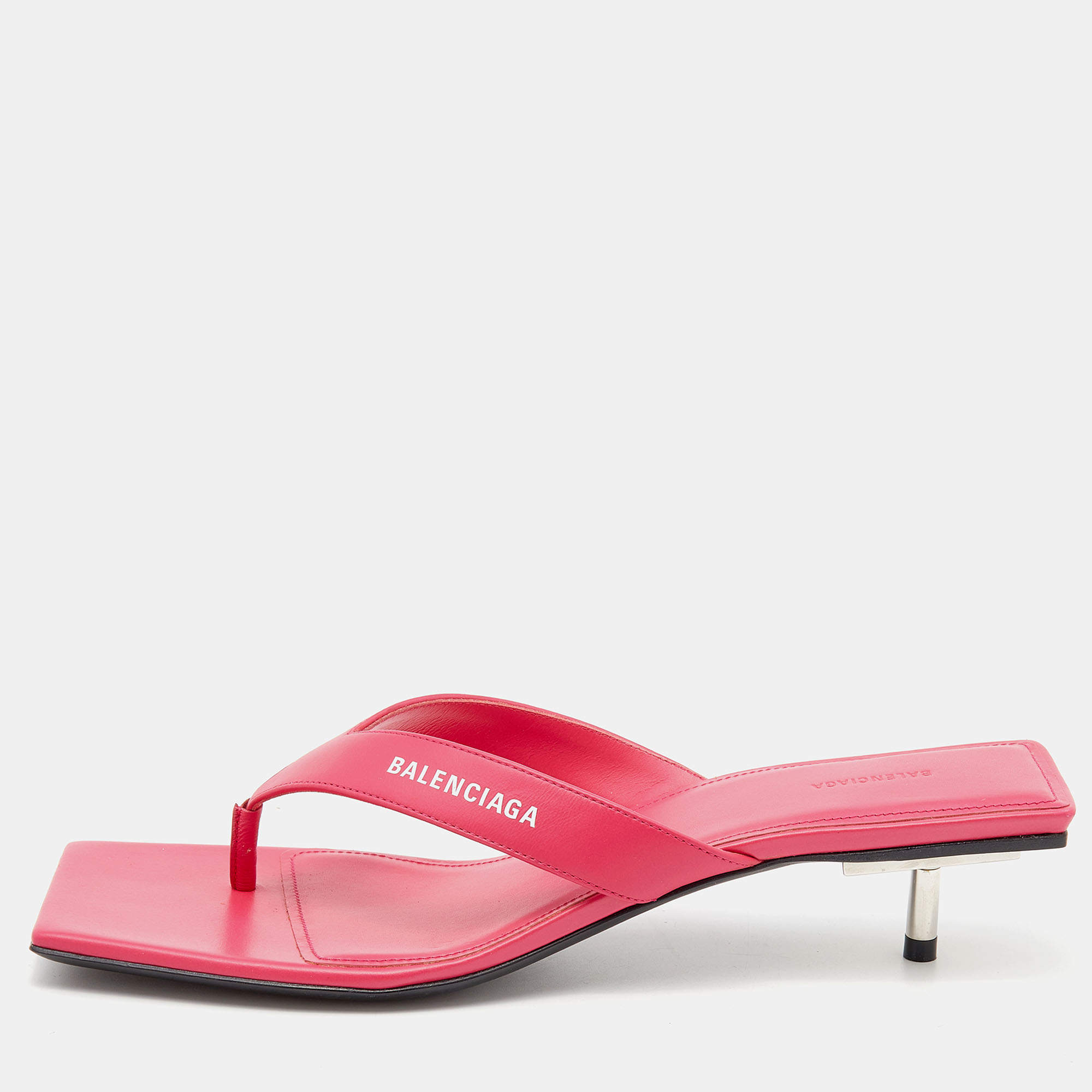 Balenciaga Pink Leather Thong Square Toe Slide Sandals Size 40