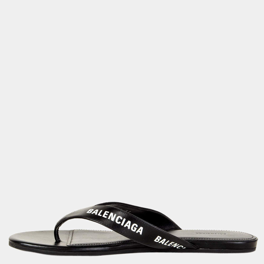 Pre Owned Balenciaga Black Leather Printed Flip Flops EU 37