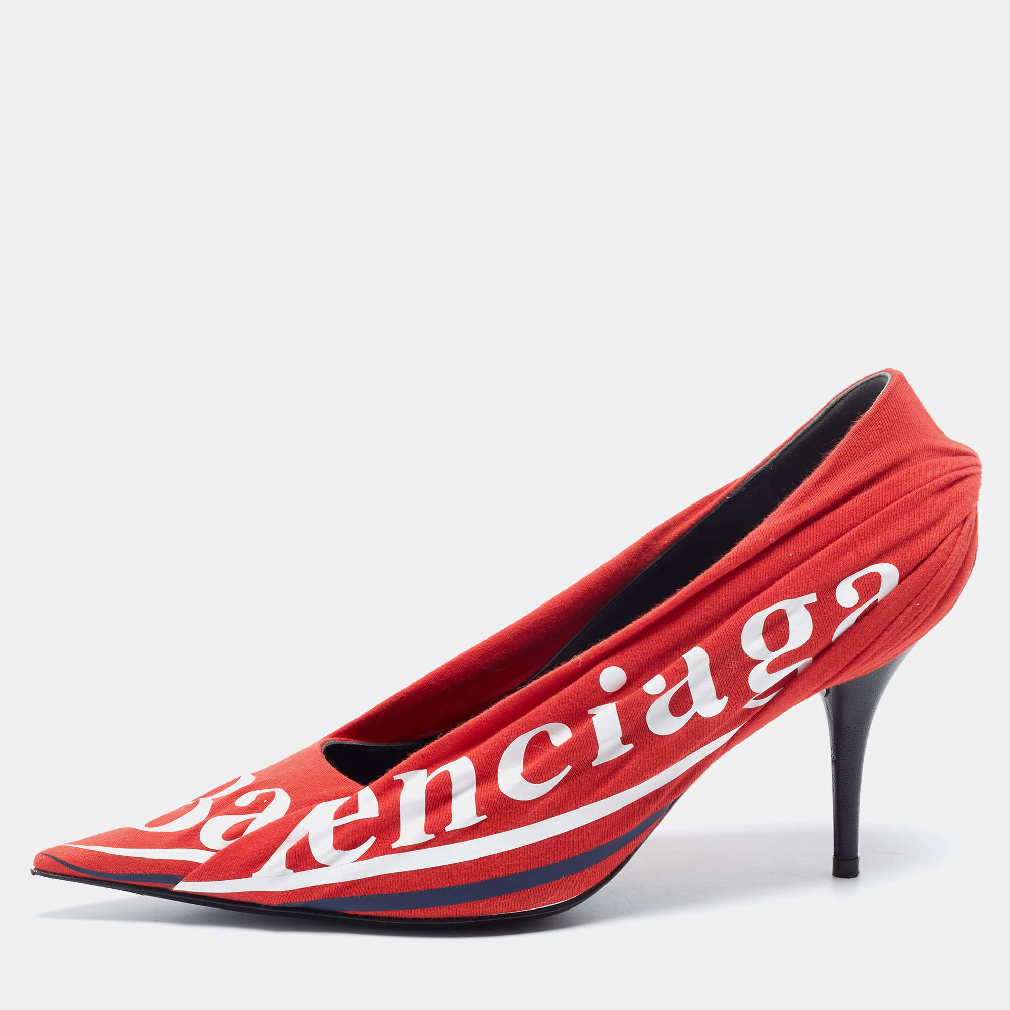 Pre Owned حذاء كعب عالي بالنسياغا جلد وقماش أحمر مقدمة سكينية مدببة شعار ماركة مقاس 38