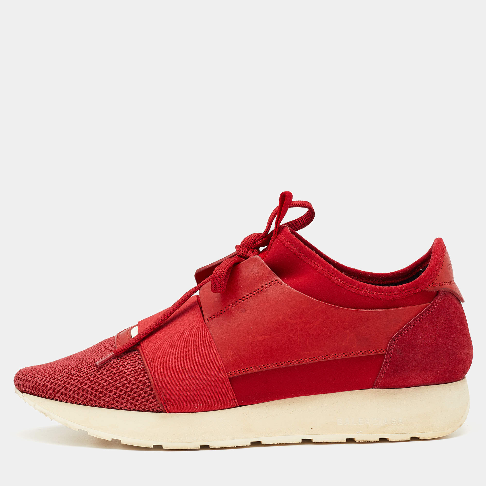 Pre Owned Balenciaga Red Leather And Mesh Race Runner Low Top Sneakers Size 41