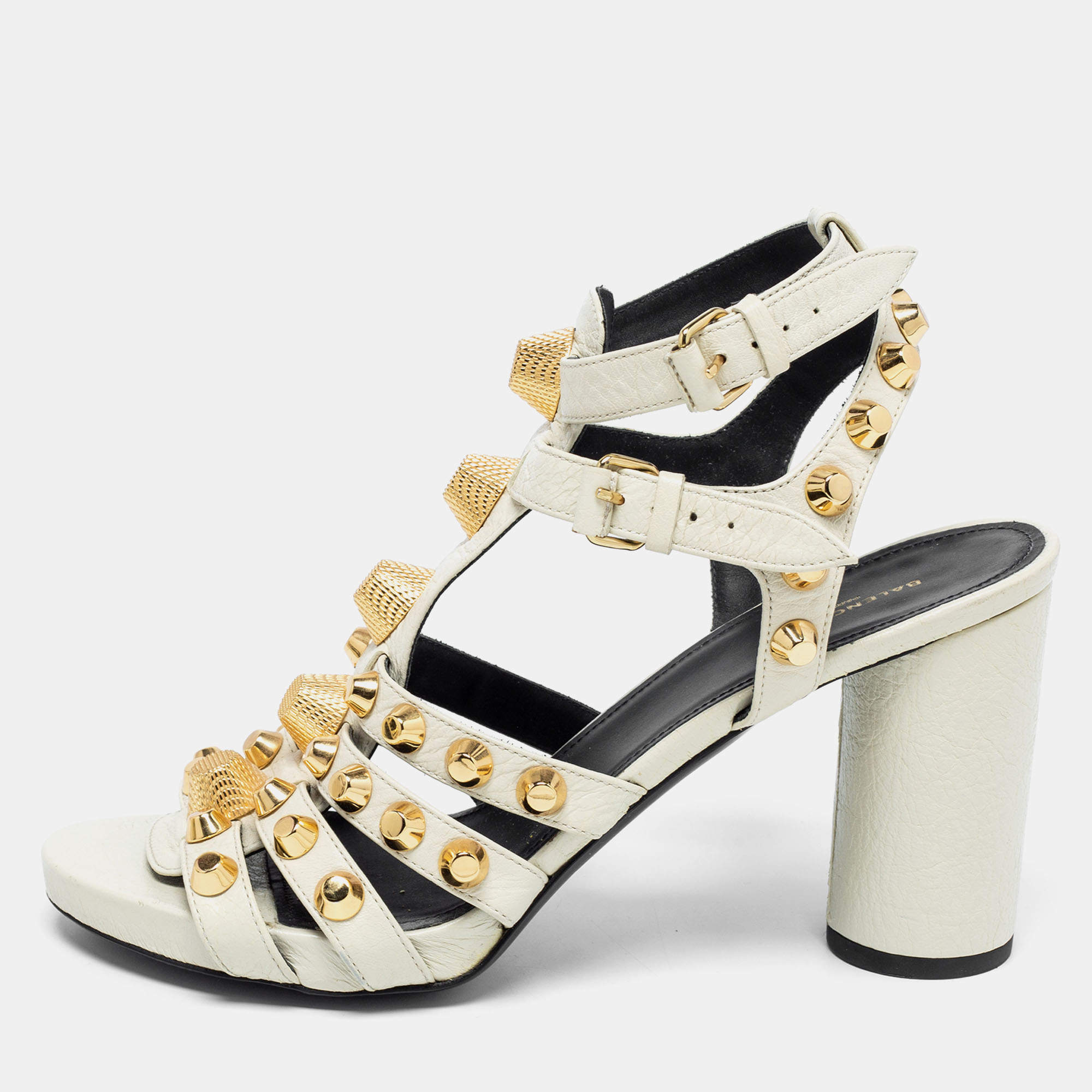 Pre Owned Balenciaga Cream Leather Arena Studded Gladiator Block Heel Sandals Size 38