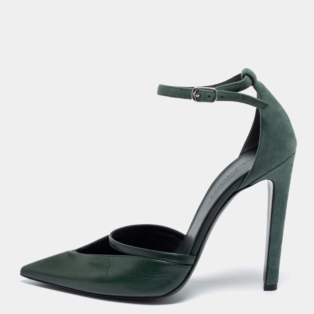Pre Owned Balenciaga Dark Green Leather and Suede Ankle-Strap Pumps Size 38