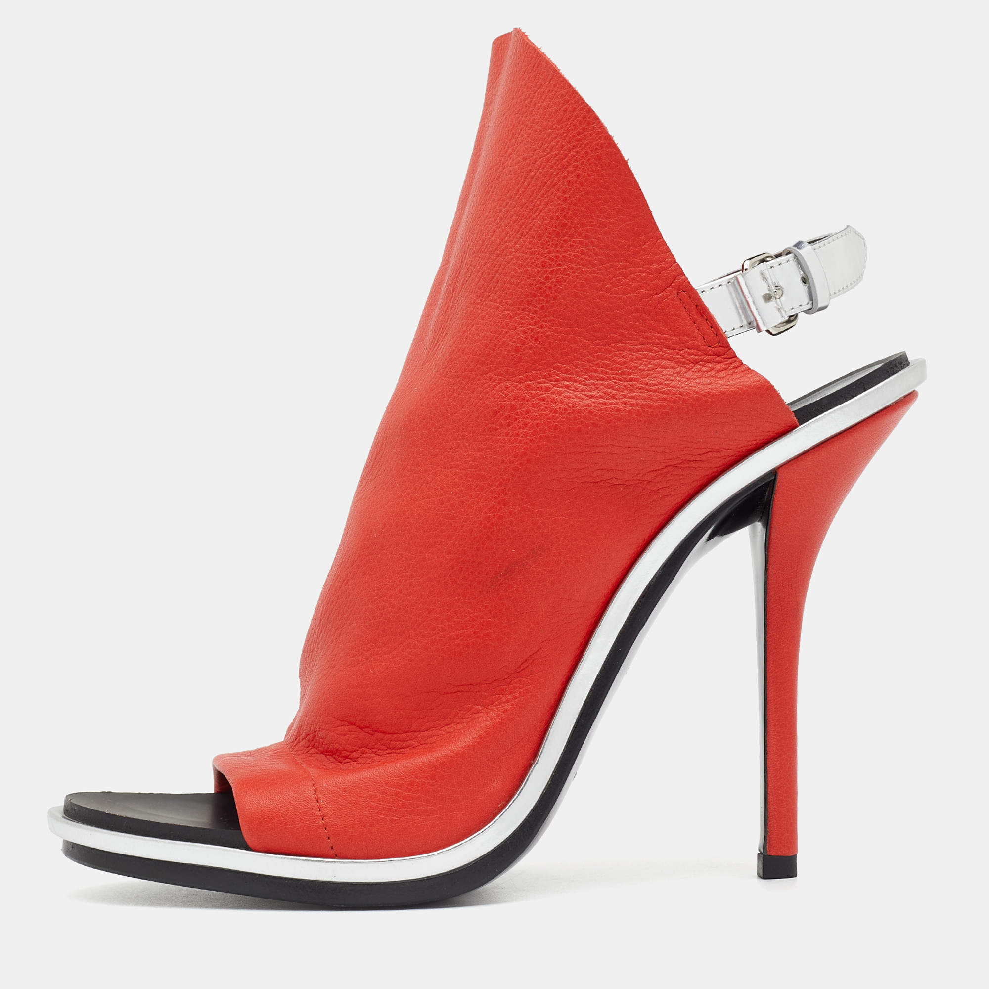 Pre Owned Balenciaga Orange/Silver Leather Glove Open Toe Slingback Sandals Size 39