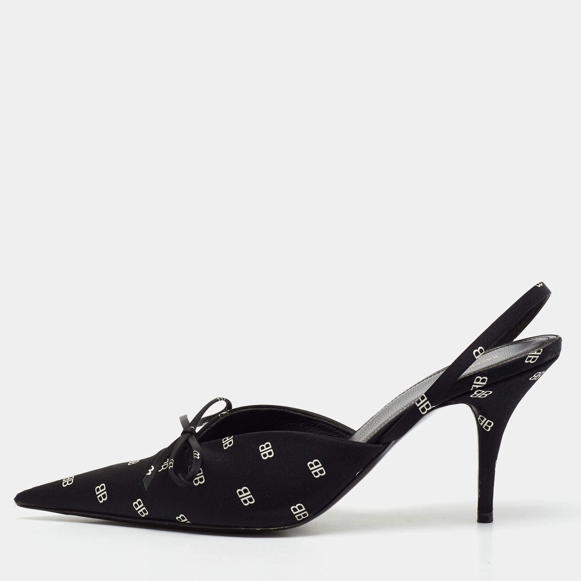 مملوكة مسبقًا Balenciaga Black Logo Print Satin Knife Slingback Pumps Size 39