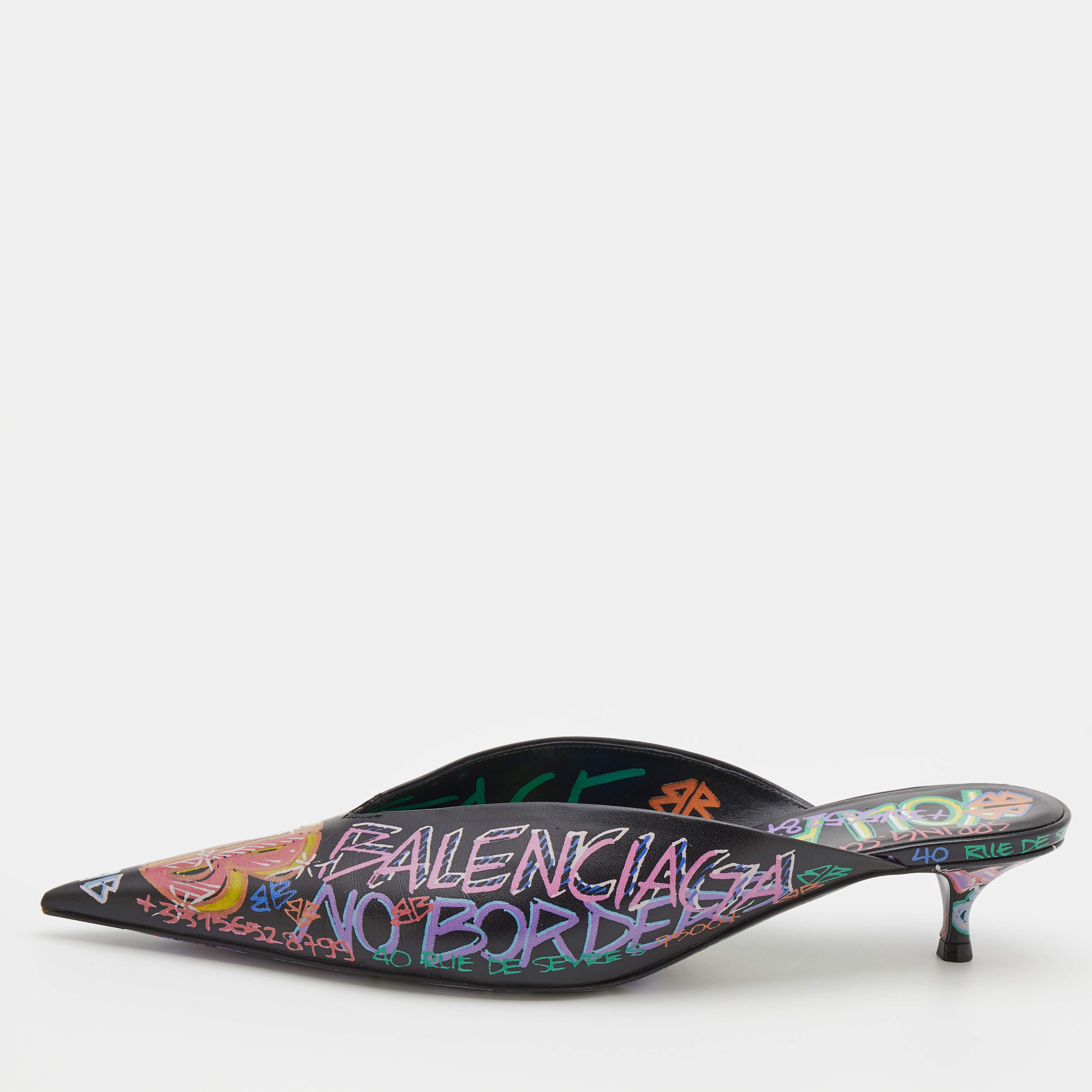 Balenciaga Black Graffiti Leather Knife Pointed Toe Mules Size 40