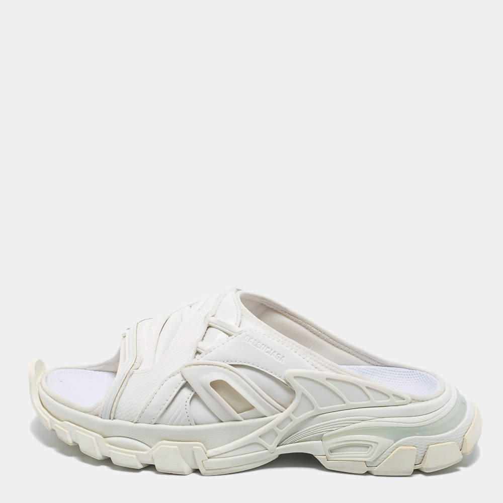 Balenciaga White Synthetic Leather and Rubber Track Flat Slides Size 39