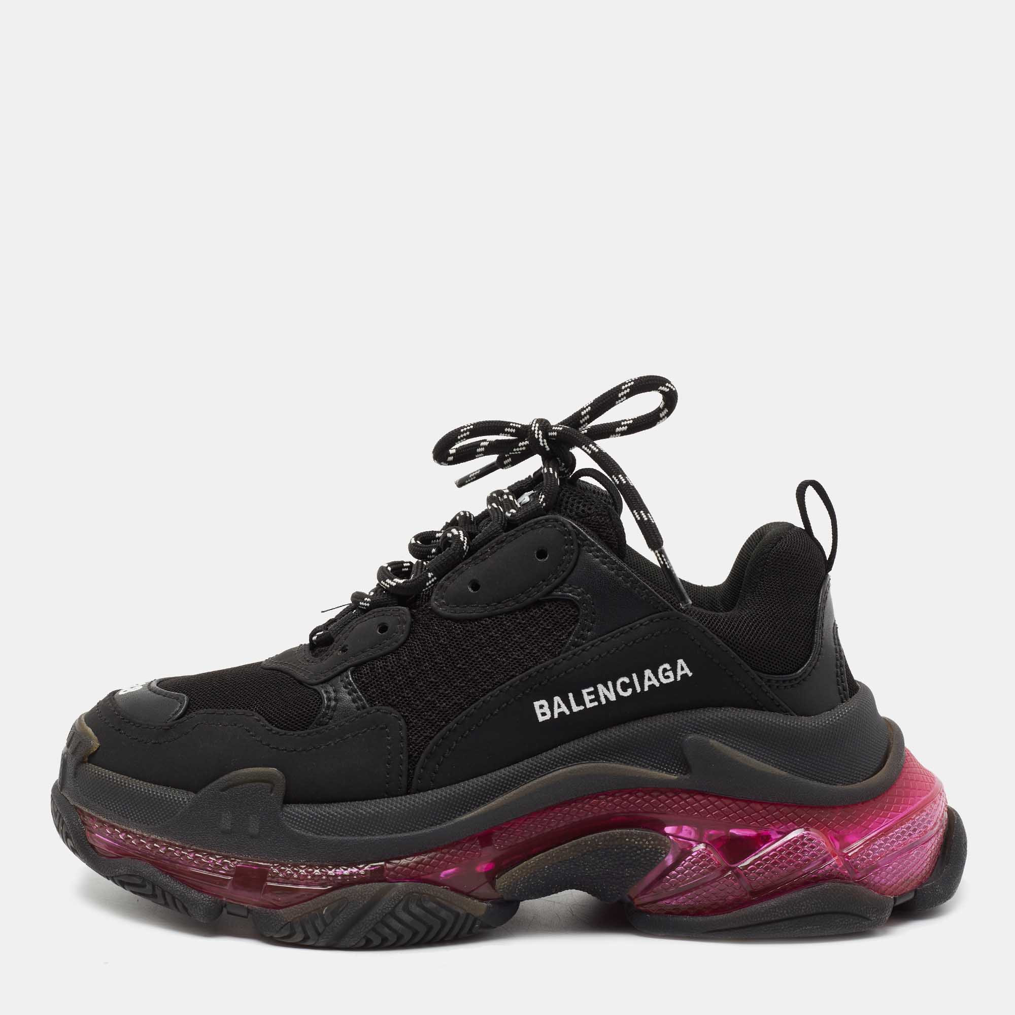Pre Owned Balenciaga Black  Nubuck And Mesh  Triple S Clear Sneakers Size 38