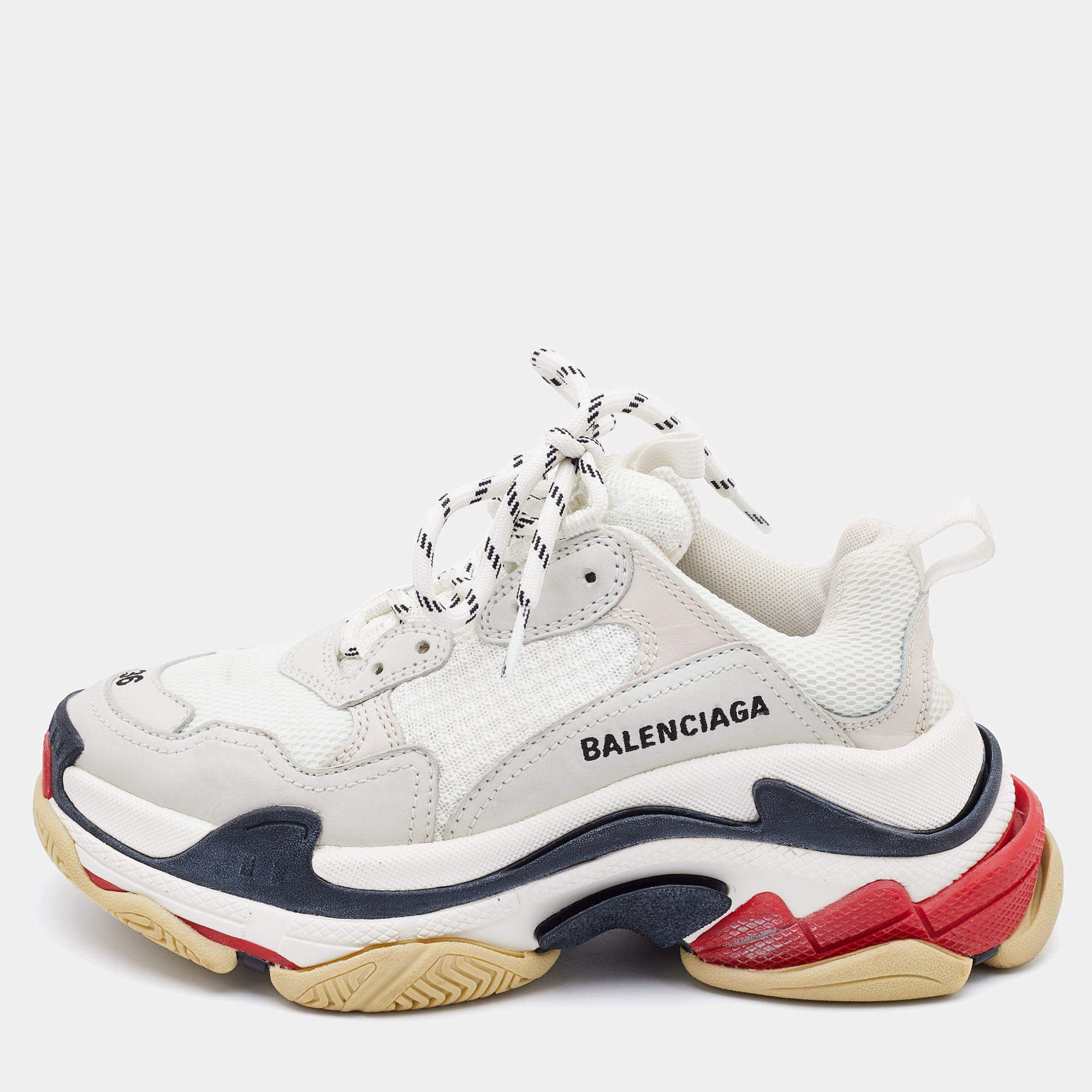 Pre Owned Balenciaga White Leather and Mesh Triple S Sneakers Size 36